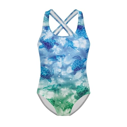 Biyejit Mädchen Crossback Badeanzug Einteiler Ärmellos Badeanzüge Bademode für Strand, Sport, Urlaub 7-8 Jahre, schildkröte, 9-10 Jahre von Biyejit