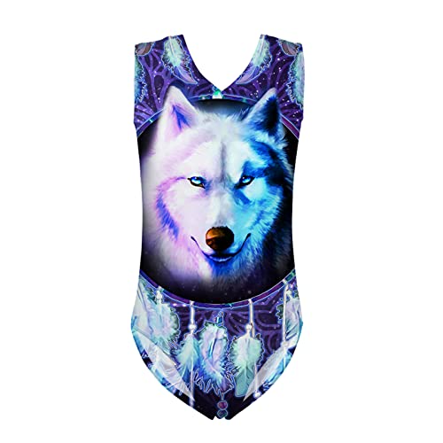 Biyejit Mädchen Turnanzug Tanzanzug Sportbekleidung Gymnastik Einteiler Bademode für Kinder 3-14 Jahre, Wolf Traumfänger, 11-12 Jahre von Biyejit