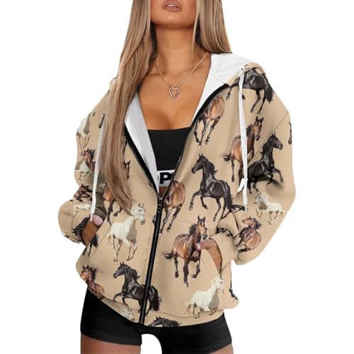 Biyejit Pferd Damen Hoodies Sweatshirt mit Tasche Reißverschluss Kapuzen Jacken Casual Damen Langarm Sportswear Plus Size XS-4XL, Pferd, M, Pferde, M von Biyejit