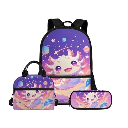 Biyejit Schulranzen-Set 3-in-1 Kinder Rucksack Lunchtasche und Federmäppchen Große Kapazität Büchertaschen 17 Zoll, Axolotl, Einheitsgröße, Schulranzen-Set von Biyejit