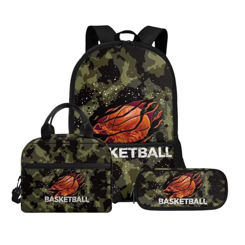 Biyejit Schulranzen-Set 3-in-1 Kinder Rucksack Lunchtasche und Federmäppchen Große Kapazität Büchertaschen 17 Zoll, Baketball, Einheitsgröße, Schulranzen-Set von Biyejit