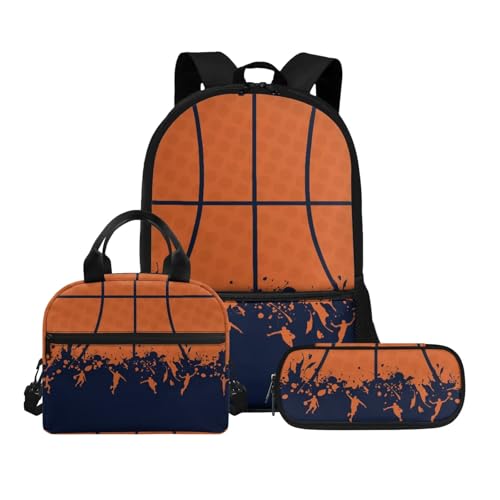 Biyejit Schulranzen-Set 3-in-1 Kinder Rucksack Lunchtasche und Federmäppchen Große Kapazität Büchertaschen 17 Zoll, Baketball-Druck, Einheitsgröße, Schulranzen-Set von Biyejit