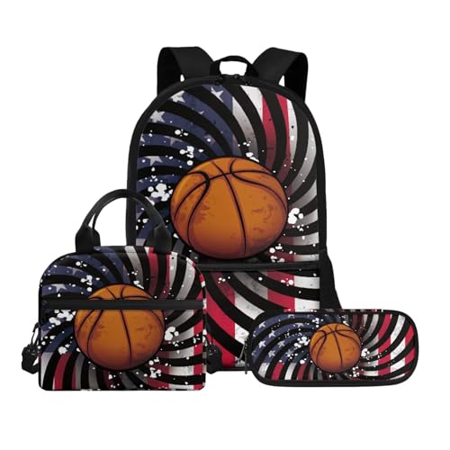 Biyejit Schulranzen-Set 3-in-1 Kinder Rucksack Lunchtasche und Federmäppchen Große Kapazität Büchertaschen 17 Zoll, Baketball-Muster, Einheitsgröße, Schulranzen-Set von Biyejit