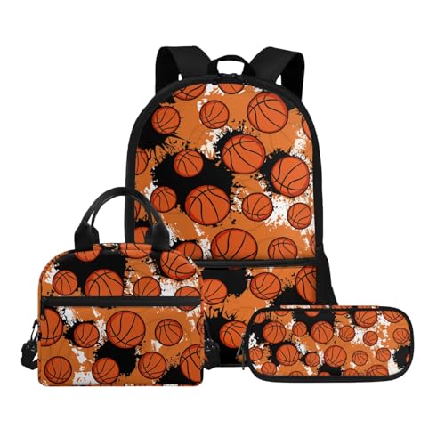 Biyejit Schulranzen-Set 3-in-1 Kinder Rucksack Lunchtasche und Federmäppchen Große Kapazität Büchertaschen 17 Zoll, Baketballs, Einheitsgröße, Schulranzen-Set von Biyejit