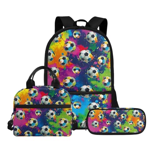 Biyejit Schulranzen-Set 3-in-1 Kinder Rucksack Lunchtasche und Federmäppchen Große Kapazität Büchertaschen 17 Zoll, Bunter Fußball, Einheitsgröße, Schulranzen-Set von Biyejit