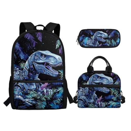 Biyejit Schulranzen-Set 3-in-1 Kinder Rucksack Lunchtasche und Federmäppchen Große Kapazität Büchertaschen 17 Zoll, Dinosaurier, Einheitsgröße, Schulranzen-Set von Biyejit