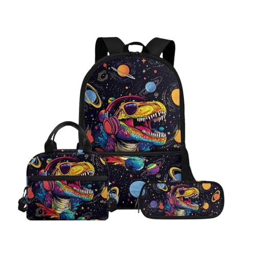 Biyejit Schulranzen-Set 3-in-1 Kinder Rucksack Lunchtasche und Federmäppchen Große Kapazität Büchertaschen 17 Zoll, Dinosaurier, Einheitsgröße, Schulranzen-Set von Biyejit
