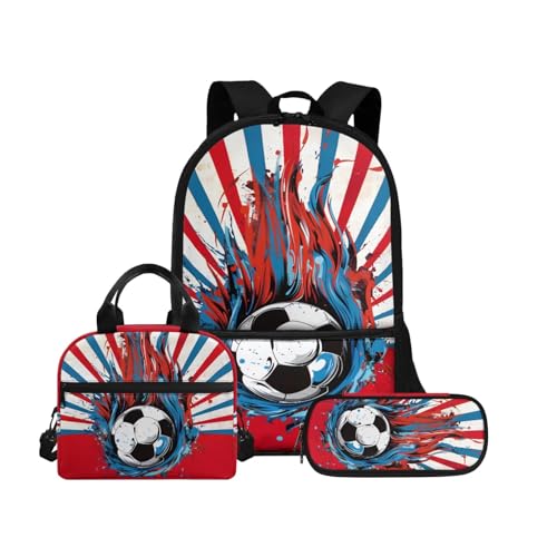 Biyejit Schulranzen-Set 3-in-1 Kinder Rucksack Lunchtasche und Federmäppchen Große Kapazität Büchertaschen 17 Zoll, Fußbälle, Einheitsgröße, Schulranzen-Set von Biyejit