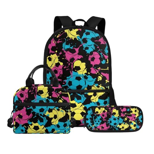 Biyejit Schulranzen-Set 3-in-1 Kinder Rucksack Lunchtasche und Federmäppchen Große Kapazität Büchertaschen 17 Zoll, Fußball-Muster, Einheitsgröße, Schulranzen-Set von Biyejit