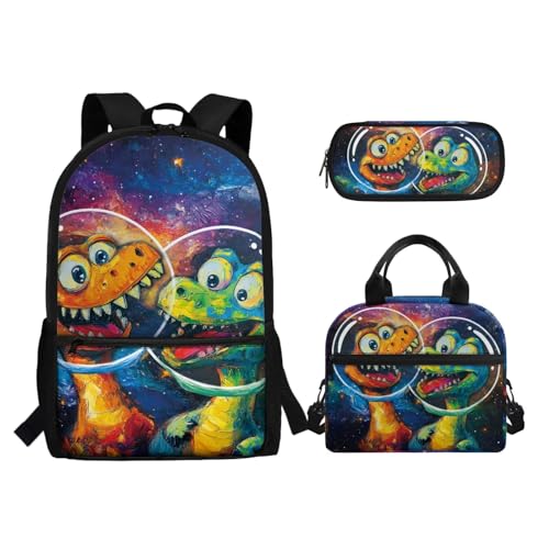 Biyejit Schulranzen-Set 3-in-1 Kinder Rucksack Lunchtasche und Federmäppchen Große Kapazität Büchertaschen 17 Zoll, Niedlicher Dinosaurier, Einheitsgröße, Schulranzen-Set von Biyejit