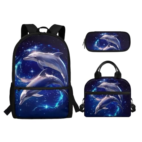 Biyejit Schulranzen-Set 3-in-1 Kinder Rucksack Lunchtasche und Federmäppchen Große Kapazität Büchertaschen 17 Zoll, Wal, Einheitsgröße, Schulranzen-Set von Biyejit