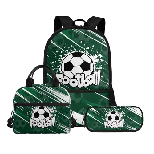 Biyejit Schulranzen-Set 3-in-1 Kinder Rucksack Lunchtasche und Federmäppchen Große Kapazität Büchertaschen 17 Zoll, fußball, Einheitsgröße, Schulranzen-Set von Biyejit