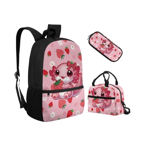 Biyejit Schulranzen-Set 3-in-1 Kinder Rucksack Lunchtasche und Federmäppchen Leichte Büchertaschen 17 Zoll, Axolotl Erdbeere, Einheitsgröße, Schulranzen-Set von Biyejit