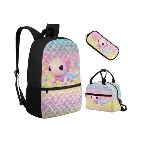 Biyejit Schulranzen-Set 3-in-1 Kinder Rucksack Lunchtasche und Federmäppchen Leichte Büchertaschen 17 Zoll, Axolotl Fischschuppen, Einheitsgröße, Schulranzen-Set von Biyejit