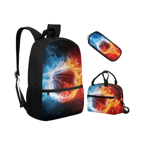 Biyejit Schulranzen-Set 3-in-1 Kinder Rucksack Lunchtasche und Federmäppchen Leichte Büchertaschen 17 Zoll, Basketball, Einheitsgröße, Schulranzen-Set von Biyejit