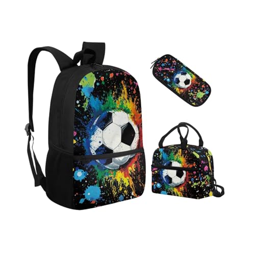 Biyejit Schulranzen-Set 3-in-1 Kinder Rucksack Lunchtasche und Federmäppchen Leichte Büchertaschen 17 Zoll, Batik-Fußball, Einheitsgröße, Schulranzen-Set von Biyejit