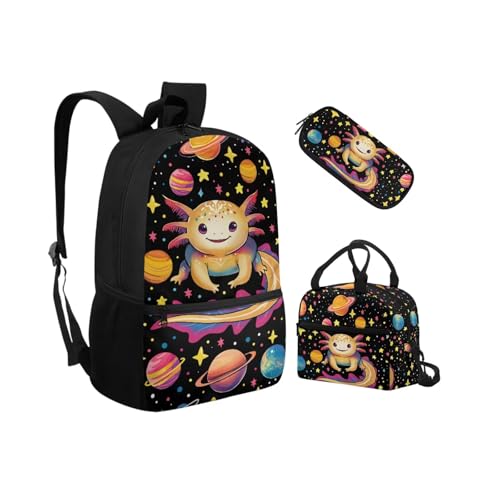 Biyejit Schulranzen-Set 3-in-1 Kinder Rucksack Lunchtasche und Federmäppchen Leichte Büchertaschen 17 Zoll, Niedliches Axolotl, Einheitsgröße, Schulranzen-Set von Biyejit