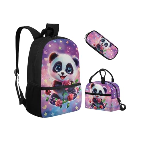 Biyejit Schulranzen-Set 3-in-1 Kinder Rucksack Lunchtasche und Federmäppchen Leichte Büchertaschen 17 Zoll, Panda, Einheitsgröße, Schulranzen-Set von Biyejit