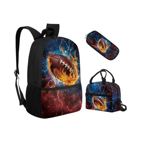 Biyejit Schulranzen-Set 3-in-1 Kinder Rucksack Lunchtasche und Federmäppchen Leichte Büchertaschen 17 Zoll, Rugbyball, Einheitsgröße, Schulranzen-Set von Biyejit