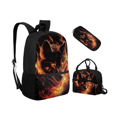 Biyejit Schulranzen-Set 3-in-1 Kinder Rucksack Lunchtasche und Federmäppchen Leichte Büchertaschen 17 Zoll, Wolf Fire, Einheitsgröße, Schulranzen-Set von Biyejit