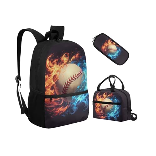 Biyejit Schulranzen-Set 3-in-1 Kinder Rucksack Lunchtasche und Federmäppchen Leichte Büchertaschen 17 Zoll, baseball, Einheitsgröße, Schulranzen-Set von Biyejit
