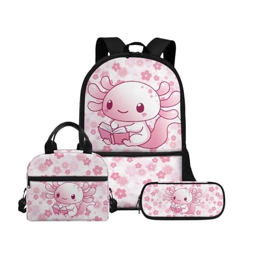 Biyejit Schulranzen-Set 3-in-1 Kinderrucksack Lunchtasche und Federmäppchen große Kapazität 43,2 cm Kinder Schultasche, Axolotl 16, Einheitsgröße, Schulranzen-Set von Biyejit