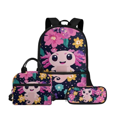 Biyejit Schulranzen-Set 3-in-1 Kinderrucksack Lunchtasche und Federmäppchen große Kapazität 43,2 cm Kinder Schultasche, Axolotl 2, Einheitsgröße, Schulranzen-Set von Biyejit