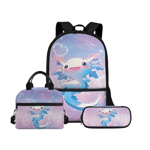 Biyejit Schulranzen-Set 3-in-1 Kinderrucksack Lunchtasche und Federmäppchen große Kapazität 43,2 cm Kinder Schultasche, Axolotl 21, Einheitsgröße, Schulranzen-Set von Biyejit