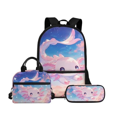 Biyejit Schulranzen-Set 3-in-1 Kinderrucksack Lunchtasche und Federmäppchen große Kapazität 43,2 cm Kinder Schultasche, Axolotl 23, Einheitsgröße, Schulranzen-Set von Biyejit