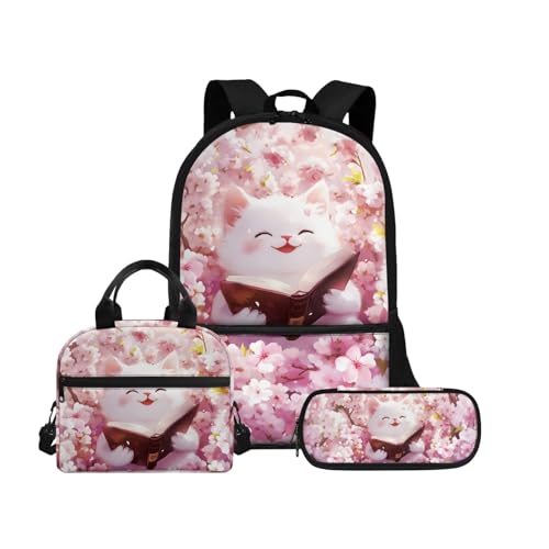 Biyejit Schulranzen-Set 3-in-1 Kinderrucksack Lunchtasche und Federmäppchen große Kapazität 43,2 cm Kinder Schultasche, Katzendesign, Einheitsgröße, Schulranzen-Set von Biyejit