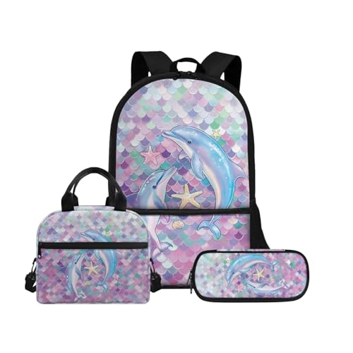 Biyejit Schulranzen-Set 3-in-1 Kinderrucksack Lunchtasche und Federmäppchen große Kapazität 43,2 cm Kinder Schultasche, Wal, Einheitsgröße, Schulranzen-Set von Biyejit