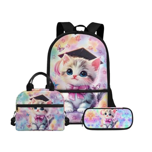 Biyejit Schulranzen-Set 3-in-1 Kinderrucksack Lunchtasche und Federmäppchen große Kapazität 43,2 cm Kinder Schultasche, katze, Einheitsgröße, Schulranzen-Set von Biyejit