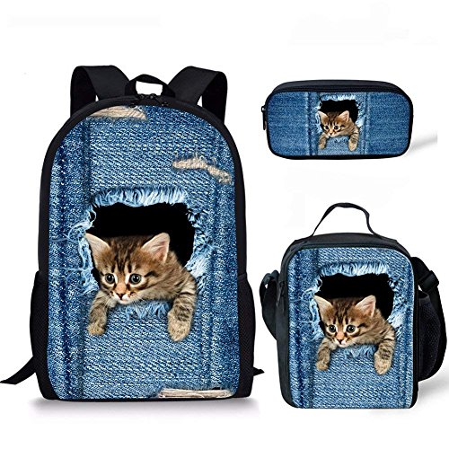 Biyejit Kinder-Schulrucksack-Set mit Lunch-Behälter, Federmäppchen für Jungen und Mädchen, 3-teilig, Niedliche Denim-Katze, Einheitsgröße von Biyejit