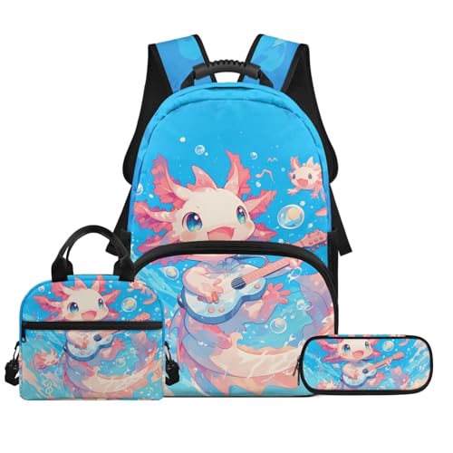 Biyejit Schultaschen-Set für Kinder, 3-in-1-Rucksack mit Lunchtasche, Federmäppchen, leicht, 43,2 cm, Axolotl-Muster, Einheitsgröße, Schulranzen-Set von Biyejit