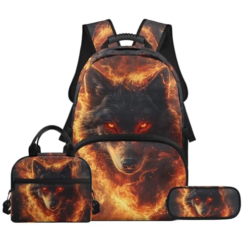 Biyejit Schultaschen-Set für Kinder, 3-in-1-Rucksack mit Lunchtasche, Federmäppchen, leicht, 43,2 cm, wolf, Einheitsgröße, Schulranzen-Set von Biyejit