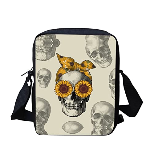 Biyejit Messenger Bags Schultertasche Handbgas Sling Satchel mit verstellbaren Trägern, Totenkopf-Sonnenblumen von Biyejit