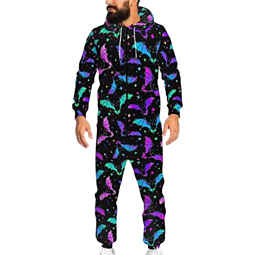 Biyejit Unisex Neuheit 3D gedruckt Einteiler Pyjama Damen Herren Kapuze Jumpsuits Erwachsene Nachtwäsche Strampler, Bunte Fledermäuse, L von Biyejit