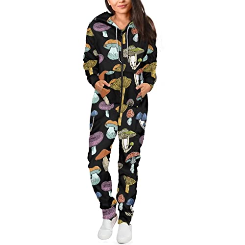 Biyejit Unisex Neuheit 3D gedruckt Einteiler Pyjama Damen Herren Kapuze Jumpsuits Erwachsene Nachtwäsche Strampler, Pilz-Druck., 4X-Large von Biyejit