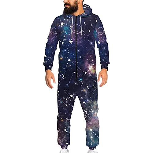 Biyejit Unisex Neuheit 3D gedruckt Einteiler Pyjama Damen Herren Kapuze Jumpsuits Erwachsene Nachtwäsche Strampler, Sternbild, M von Biyejit