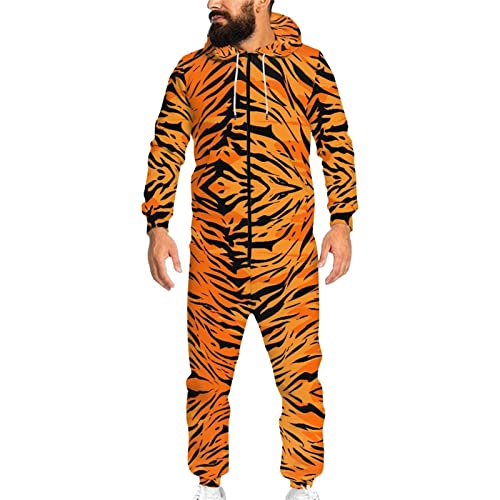 Biyejit Unisex Neuheit 3D gedruckt Einteiler Pyjama Damen Herren Kapuze Jumpsuits Erwachsene Nachtwäsche Strampler, Tiger Skin, XXL von Biyejit