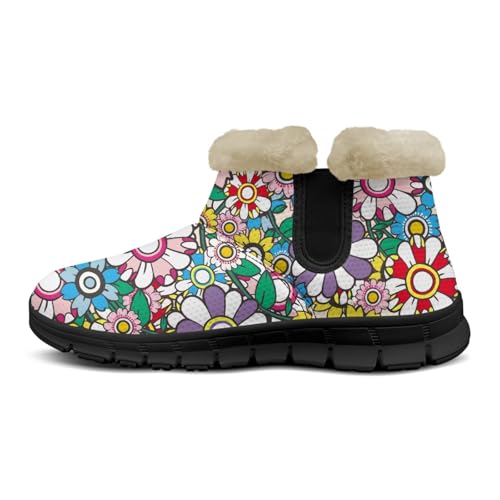 Biyejit Winter-Schneestiefel für Damen, warme Schneeschuhe, flauschige Stiefeletten für den täglichen Gebrauch, Wandern, Outdoor, Größe 36-43, Hippie-Blumen, 35 EU von Biyejit