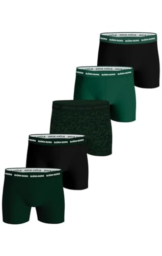 Björn Borg Cotton Stretch Boxer 5P, Boxershorts für Herren, Multi-Packs erhältlich, Schwarz, Dunkelgrün, Druck, XL von Björn Borg