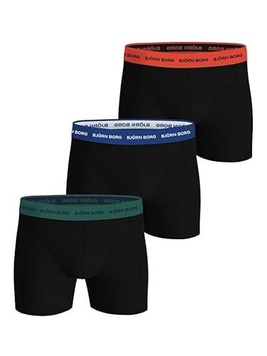 Björn Borg Herren Shorts aus Baumwoll-Stretch (3er-Pack) – weiche, atmungsaktive Unterwäsche mit Komfortbund, Schwarzer, mehrfarbiger Bund, XL von Björn Borg