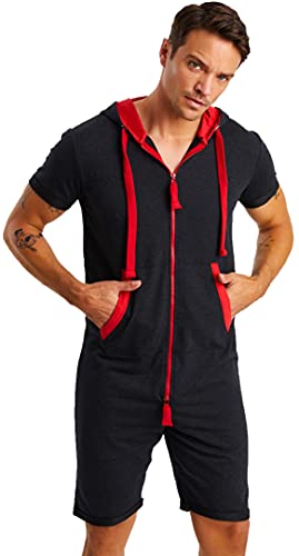 Björn Swensen Jumpsuit Herren kurz Sommer Baumwolle Jogginghose kurze Hose Overall Onesie Männer T-Shirt Kapuze Sommerjumpsuit Schlafanzug Jogginganzug BS-3010 Anthrazit-Rot Large von Björn Swensen