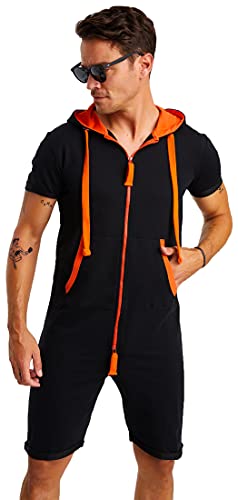 Björn Swensen Jumpsuit Herren kurz Sommer Baumwolle Jogginghose kurze Hose Overall Onesie Männer T-Shirt Kapuze Sommerjumpsuit Schlafanzug Jogginganzug BS-3010 Schwarz-Orange Medium von Björn Swensen