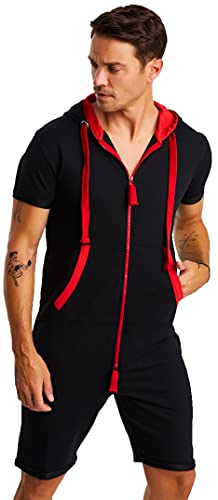 Björn Swensen Jumpsuit Herren kurz Sommer Baumwolle Jogginghose kurze Hose Overall Onesie Männer T-Shirt Kapuze Sommerjumpsuit Schlafanzug Jogginganzug BS-3010 Schwarz-Rot Medium von Björn Swensen