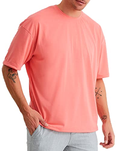 Björn Swensen Oversize T-Shirt Herren Rundhals Ausschnitt Sommer Basic Männer Shirt Crew Neck Jungen Kurzarmshirt O-Neck Kurzarm Sleeve LN1004 Lachsrosa Größe S von Björn Swensen