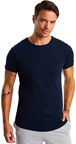 Björn Swensen T-Shirt Herren Rundhals Ausschnitt Sommer Slim Fit Baumwolle-Anteil weißes blaues Männer Basic Sommershirt Crew Neck Kurzarmshirt Kurzarm Top BS1002 Dunkel Blau Medium von Björn Swensen