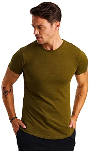 Björn Swensen T-Shirt Herren Rundhals Ausschnitt Sommer Slim Fit Baumwolle-Anteil weißes grünes Männer Basic Sommershirt Crew Neck Kurzarmshirt Kurzarm Top BS1002 Khaki Medium von Björn Swensen