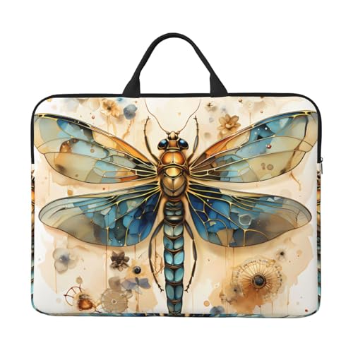 Goldene zarte Libelle auf gelbem Hintergrund, 35,6 cm (14 Zoll) Laptoptasche mit stoßfestem Futter und tragbarem Design, geeignet für den geschäftlichen und täglichen Gebrauch. von Bjyccar